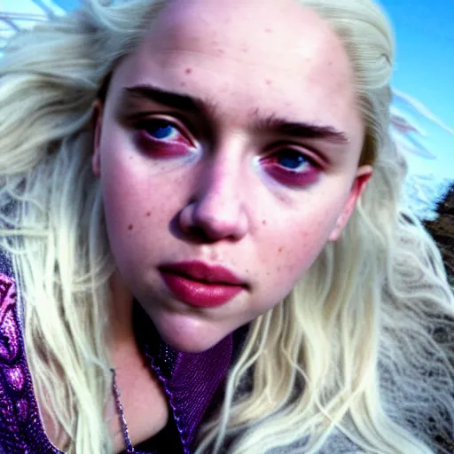 Image similar to a selfie of daenerys targaryen played by a young scarlett johansson, smooth skin, purple eye color, ethereal beauty, medium shot, detailed eyes, vivid