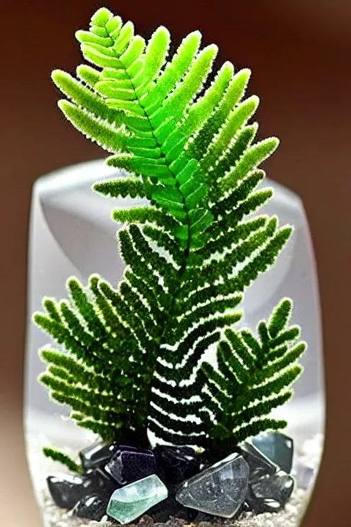 Image similar to crystals shaped like exotic succulent fern shrubbery, a potted plant made of gemstones in a windowsill