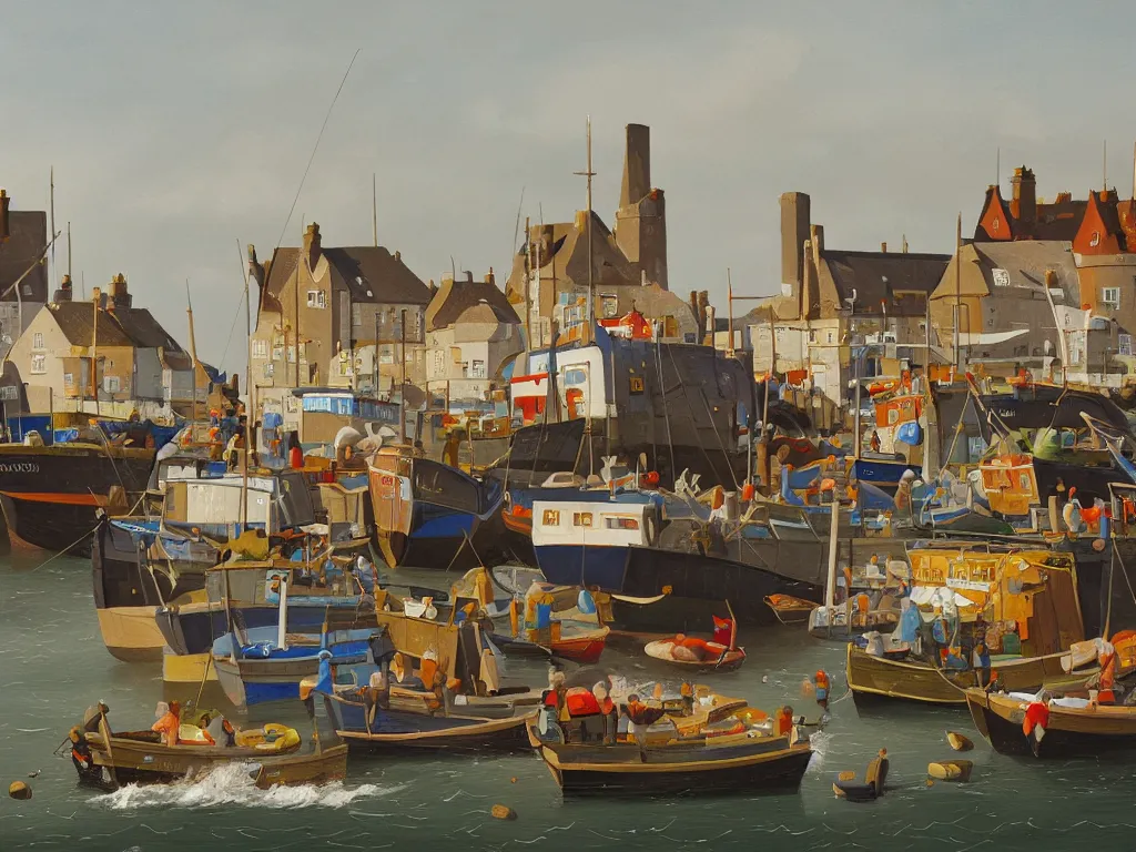 Image similar to a detailed gouache painting illustration of a typical English coastal fish market , by Michiel Schrijver, ultra-hd, sharp focus, isometric