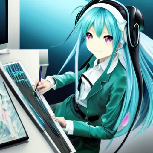 Image similar to hatsune miku using computer, smug face, painting by by ralph grady james, jean christian biville