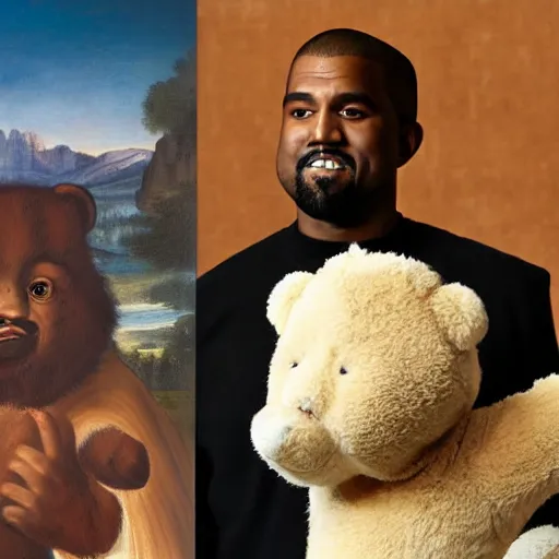 Image similar to A renaissance painting of Kanye West with a anthropomorphic Teddy Bear mascot, portrait, Wyoming in background,