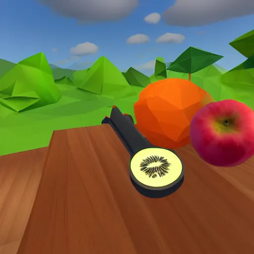 Image similar to vr game, first person, handaxe, axe equipped, variety of fruits on the background, low poly