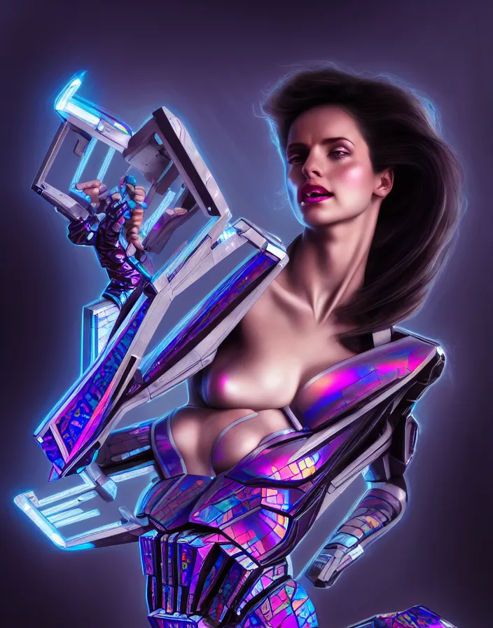 Image similar to beauty woman wrapped in holograms, Megatron decepticon artifacts, electrical case display, Transformers Movie style tech, ultrarealistic, dramatic lighting, electrical details, high details, 4k, 8k, best, accurate, trending on artstation, artstation, photorealism, ultrarealistic, digital painting, style of Peter Mohrbacher, Caravaggio, Hajime Sorayama, Caravaggio, Boris Vallejo