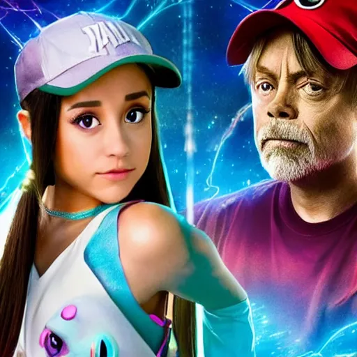 Image similar to a live action Pokemon movie poster featuring Ariana Grande and Mark Hamill, realistic pokemon