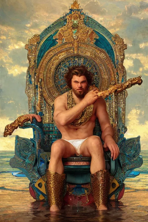 Prompt: The King of Atlantis sitting on his throne, portrait by Stanley Artgerm Lau, greg rutkowski, thomas kindkade, alphonse mucha, loish, norman Rockwell