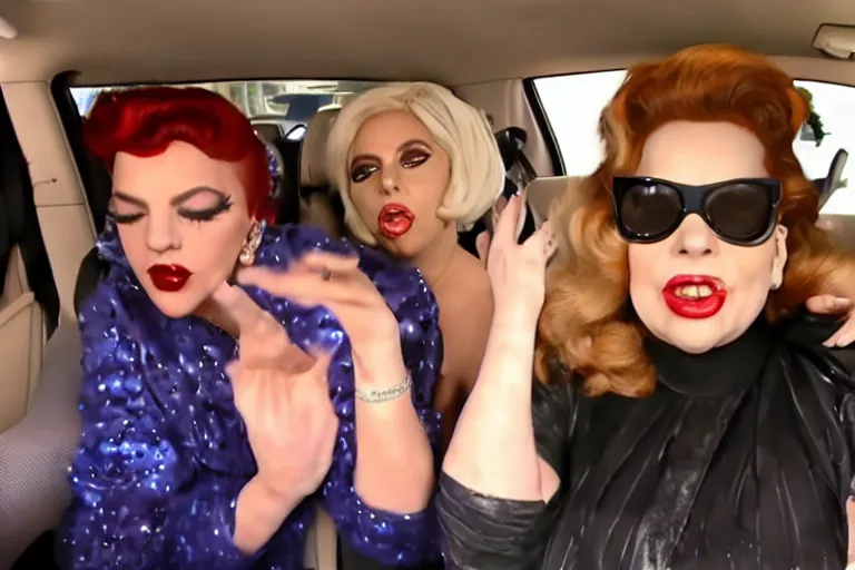 Image similar to lady gaga and judy garland doing carpool karaoke, lady gaga and judy garland, carpool karaoke, lady gaga, judy garland, carpool karaoke, youtube video screenshot, the late late show with james corden