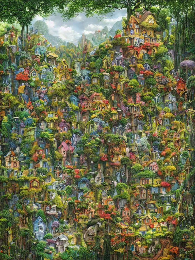 Prompt: A hyperrealistic mixed media matte painting of a cottagecore vista in a lush grove, colorful, surreal. By Jacek Yerka and Karol Bak.