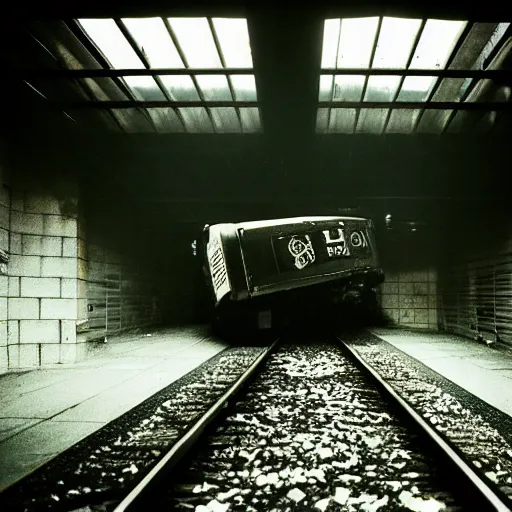 Prompt: a train crashing into a brutalist building, film photo, moody lighting, depressing gradient