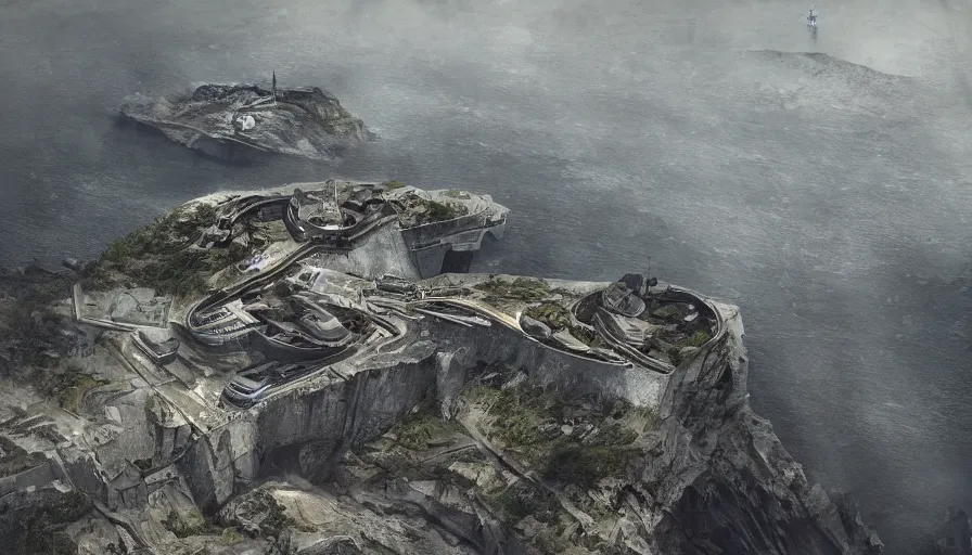 Image similar to big brutalisti mperial military base on cliffs, drawing architecture, island, very long shot, top angle, pritzker architecture prize, science fiction, control the game, brutalism, earthbound, jan urschel, very detailed
