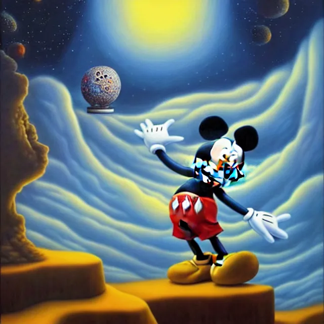 Image similar to an oil on canvas portrait painting of mickey mouse, surrealism, surrealist, cosmic horror, rob gonsalves, high detail