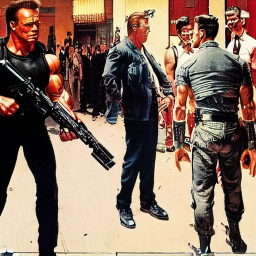 Image similar to arnold schwarzenegger as the terminator is refused entry to a nightclub by a doorman, who fears a repeat of last time, painted by norman rockwell and tom lovell and frank schoonover