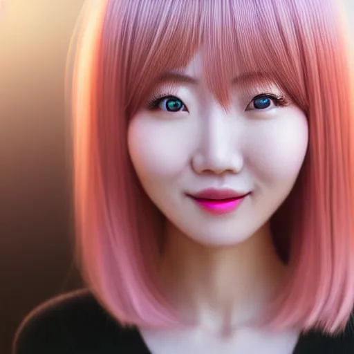 Image similar to beautiful hyperrealism selfie of nikki 苏 暖 暖 from shining nikki, a cute 3 d young woman smiling sofly, long light pink hair and full bangs, flushed face, blushing, small heart - shaped face, soft features, amber eyes, chinese heritage, golden hour, 8 k, sharp focus, instagram