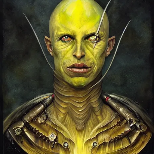 Image similar to ( ( ( head and shoulders portrait of a gaunt noseless yellow skinned bald githyanki warrior in a breastplate, floating in the astral plane ) ) ), dave mckean, hr giger, peter mohrbacher, d & d, fantasy, medieval