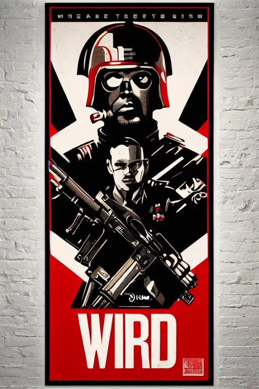 Prompt: beautiful cinematic world war 3 screen printing poster, hybrid from Obey and art direction by Shepard Fairey ;by artgerm; wayne reynolds art station; cinematic quality character render; low angle; ultra high quality model; production quality cinema model;