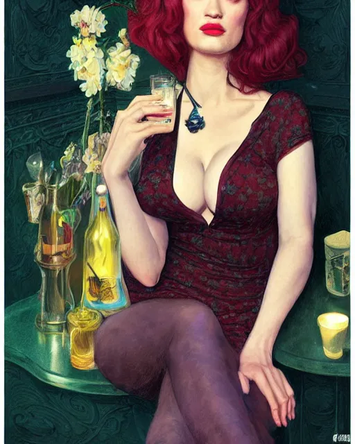 Image similar to sophisticated portrait of Christina Hendricks Brie Larson Kat Dennings, 1960s flower power hippy, very smoky Paris bar, elegance, highly detailed, shallow depth of field, Artstation, Artgerm, Donato Giancola and Joseph Christian Leyendecker