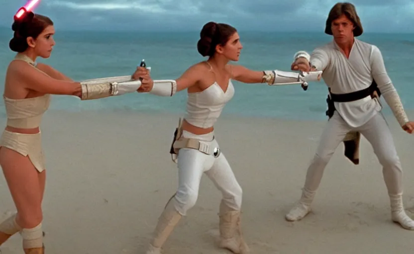 Image similar to portrait Princess Leia using lightsaber against Luke Skywalker on the beach, 1980s film directed by Stanley Kubrick, iconic scene, carrie fischer's photoreal face, stunning cinematography, hyper-detailed, sharp, anamorphic lenses, kodak color, 4k