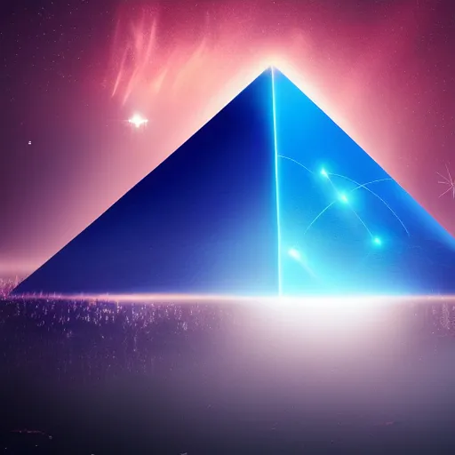 Image similar to big pyramid with blue glow lights and huge spaceship in sky, fog in background, cinematic looking, drama, scary