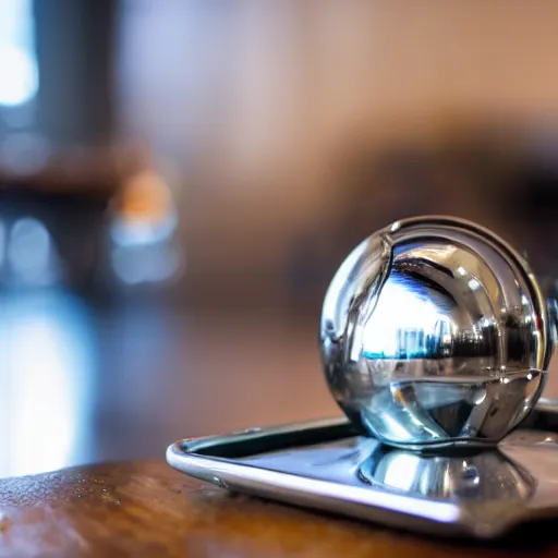 Prompt: a wide shot of a chrome ball hitting a white cup of coffee over a pinball table