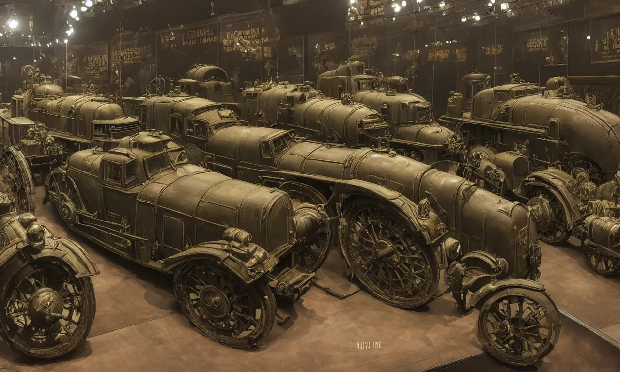 Prompt: an exhibition hall of a dieselpunk museum full of glass showcases with small incredibly detailed dioramas with reflective metal engines, fused into epoxide, high detail, raytracing, back light, raymarching, new movie from digital domain and weta digital, strong ambient occlusion