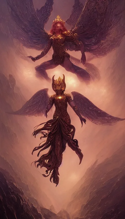 Prompt: ascending dark full body redhead goddess angel, madison beer, intricate armor, highly detailed, glowing, action pose, cinematic, art deco, gold filigree, ethereal, alfonso mucha, zdzisław beksinski, andrei ryabovichev, shaun tan, chriss foss, peter mohrbacher, 4 k