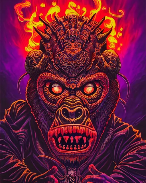 Image similar to barong family member, wiwek, mara demon, music, smoke from eyes, background red smoke with purple lightning, one single tribe member, jungle, one single mask, dark, ancient warrior, gorilla, lizard, inner glow, art by dan mumford and justin gerard