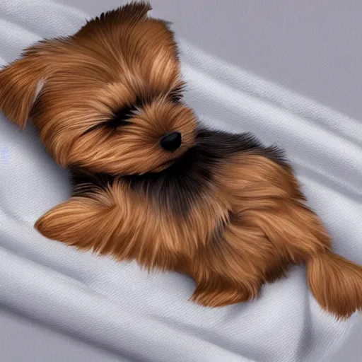 Image similar to digital painting of a cute adorable yorkie puppy with closed eyes sleeping on a soft white blanket