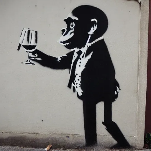 Image similar to Graffiti by Banksy of an ape in a suit drinking champagne