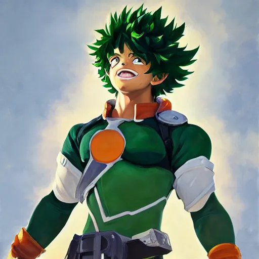 Image similar to greg manchess portrait painting of izuku midoriya as overwatch character, medium shot, asymmetrical, profile picture, organic painting, sunny day, matte painting, bold shapes, hard edges, street art, trending on artstation, by huang guangjian and gil elvgren and sachin teng