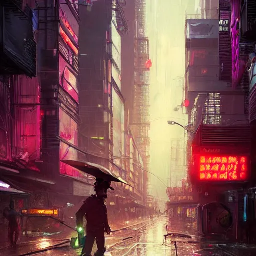 Prompt: man taking out trash near the crowded street of a cyberpunk city, rain, harsh neon lights, highly detailed, digital painting, trending on artstation, concept art, sharp focus, illustration, art by artgerm and greg rutkowski and magali villeneuve