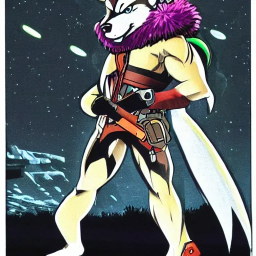 Image similar to 1 9 8 0 s video game art of anthropomorphic wolf o'donnell from starfox fursona furry wolf in a dark space mercenary uniform, looking heroic, magazine scan, 8 0 s game box art, dark grey wolf o'donnell