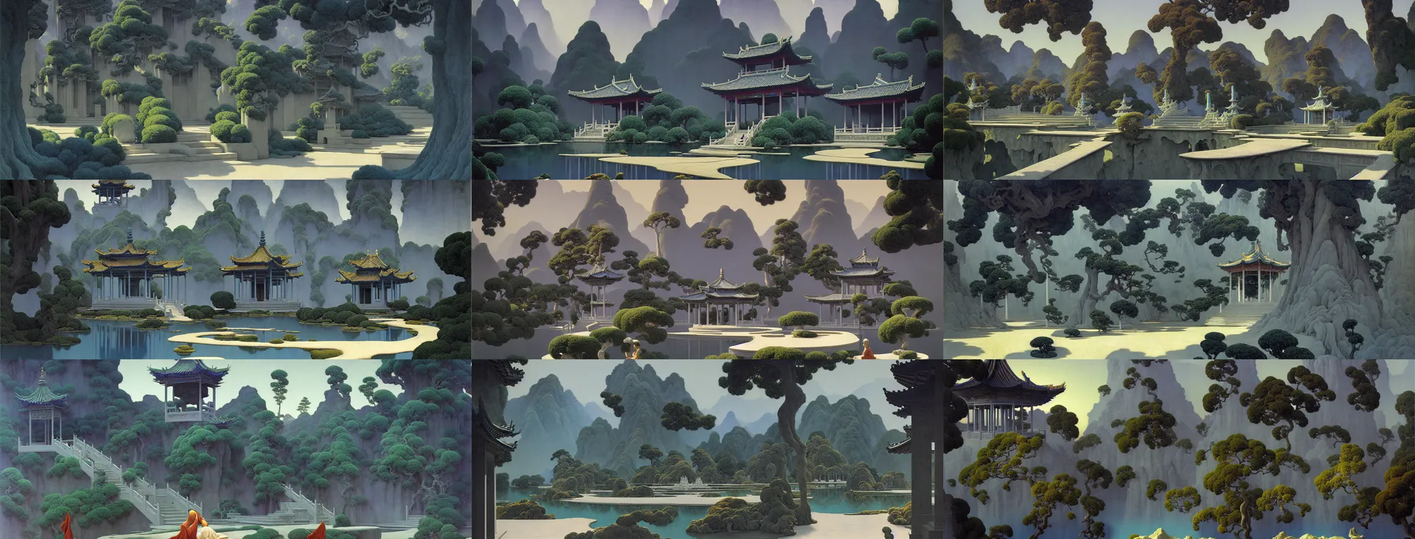 Prompt: a gorgeous landscape painting by barlowe wayne maxfield parrish and marco mazzoni. chinese temple. grey blue and very little light verdancy. the winding steps. ultra clear detailed. 3 d, octane render. turbulent blood lake.