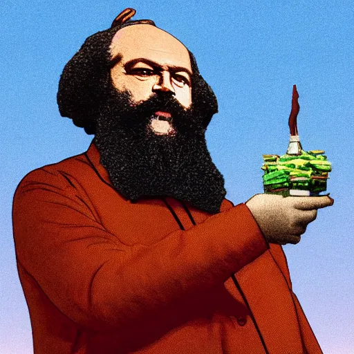 Prompt: Karl Marx pondering his Poutine by Beeple