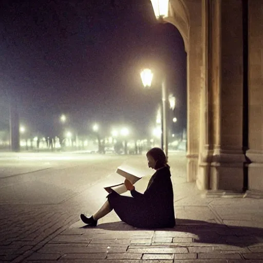 Image similar to a girl reading book, hair flowing down, city park, street lights, contrast, dramatic, by Edouard Bisson