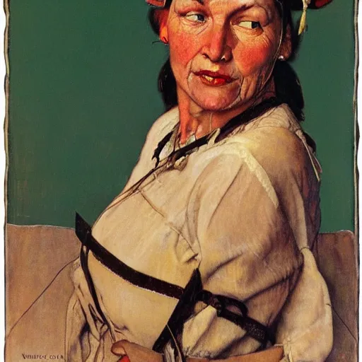 Image similar to Frontal portrait of a white-skinned tribal woman. A portrait by Norman Rockwell.