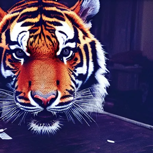 Image similar to a tiger is trapped in the backrooms, found footage, vhs, chromatic aberration, teaser trailer