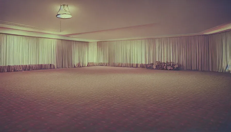 Image similar to 70s movie still of a ballroom , cinestill 800t Technicolor, heavy grain, high quality, criterion collection, liminal space style