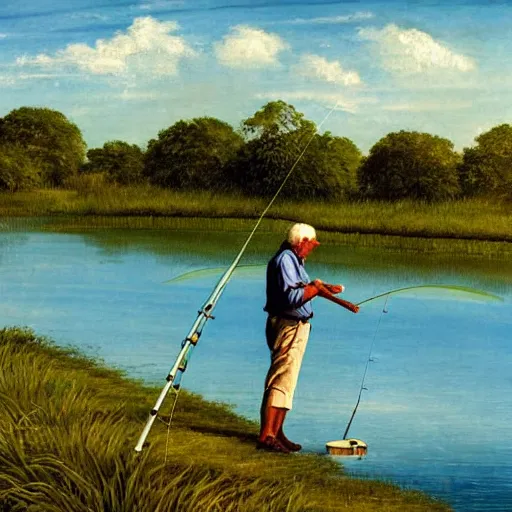 Image similar to elderly man intent on fishing with a fishing rod in a river. around a cane field, finely painted in oil, light clouds in the blue sky,