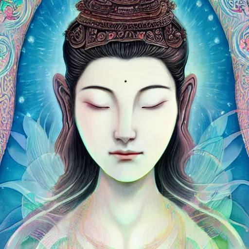 Image similar to contented female bodhisattva, praying meditating, portrait illustration by Anna Dittmann