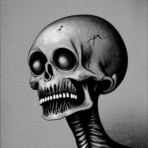 Image similar to humanoid with crooked teeth, two black eyes, long gaping mouth, alien looking, big forehead, horrifying, killer, creepy, dead, slightly realistic, long neck, boney, monster, tall, skinny, skullish, deathly, in the style of alfred kubin