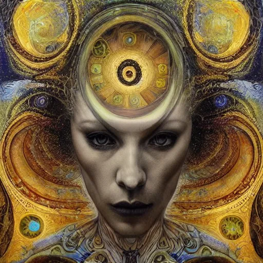 Image similar to Memento Mori by Karol Bak, Jean Deville, Gustav Klimt, and Vincent Van Gogh, beautiful visionary mystical portrait, otherworldly, fractal structures, ornate gilded medieval icon, third eye, spirals