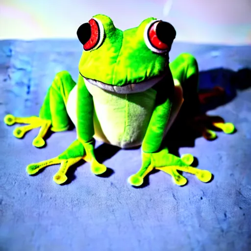 Image similar to cute fluffy plushie frog, cutecore, shaggy, stuffed animal photography,