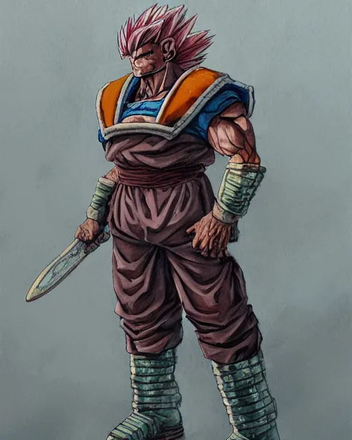 Image similar to a oil / watercolor painting full body character portrait of an old saiyan mercenary in armor in the style of moebius in the style of leonard boyarsky trending on artstation deviantart pinterest detailed photorealistic highlights and shadow hd 8 k post - processing high resolution