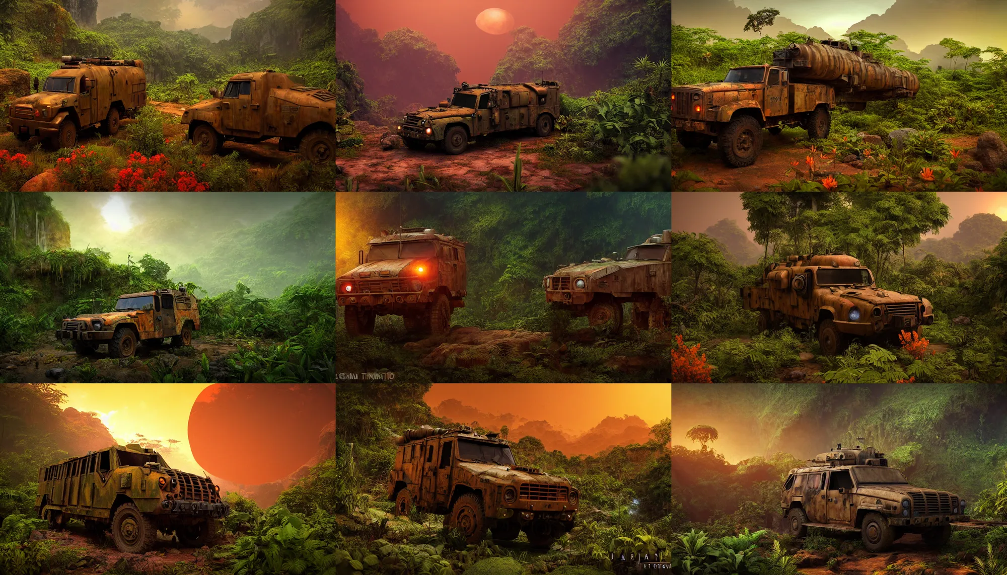 Prompt: a sci fi rusty and dirty military vehicle in a prehistoric jungle cave, lush flora, waterfall, mountains, flowers, vines, orange sky, dark, sunset, hazy, volumetric lighting, rtx on, photorealistic render, unreal engine 5