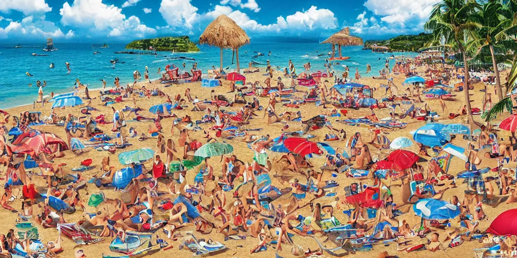 Prompt: an impossible Where’s Waldo puzzle, setting is the beach