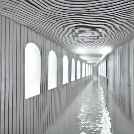 Image similar to a curved hallways made of white tiles, flooded,