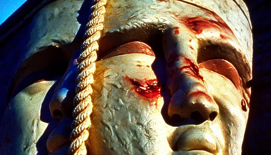 Image similar to 1 9 7 0 s movie still close - up of marcus atilius regulus'face tied with ropes at a pole with wide large - open eyes looking directly at the burning sun, his eyes are bleeding intense, cinestill 8 0 0 t 3 5 mm, high quality, heavy grain, high detail, texture, dramatic light