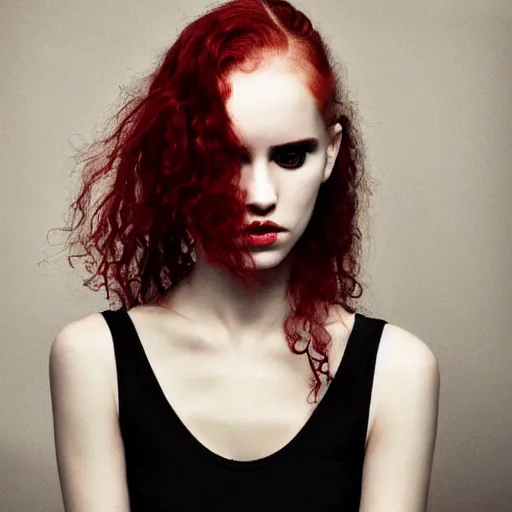 Prompt: beautiful necromancer girl with red wavy hair and piecing eyes, soft flawless pale skin, wearing a black crop top photography dramatic dark lighting, hyperrealistic