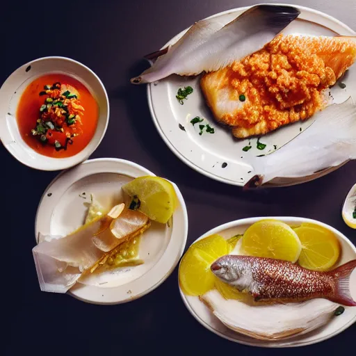 Prompt: delicate photo in restaurant menu showing Fish Combo that contains 3 pieces of Crispy Cod, Natural Sea Salt Chips, and Choice of Two Sauces