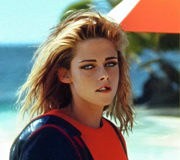 Prompt: color still shot of kristen stewart on baywatch 1 9 8 9 tv show, face closeup,