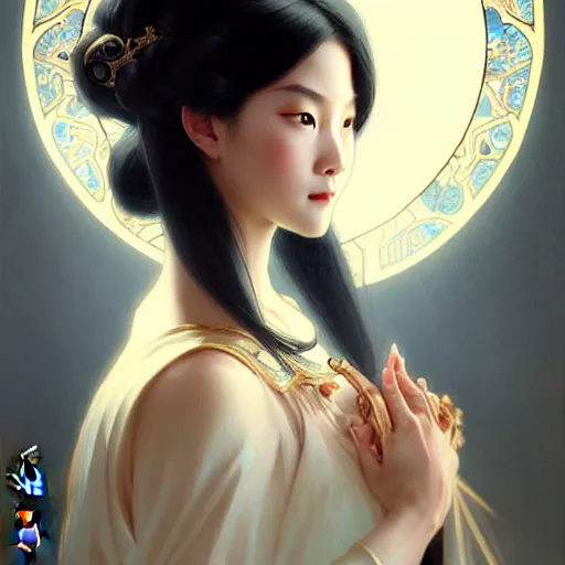 Image similar to ‘elegant Chinese princess, D&D, blue eyes, black hair, fantasy, intricate, elegant, highly detailed, digital painting, artstation, concept art, smooth, sharp focus, illustration, art by artgerm and greg rutkowski and alphonse mucha’